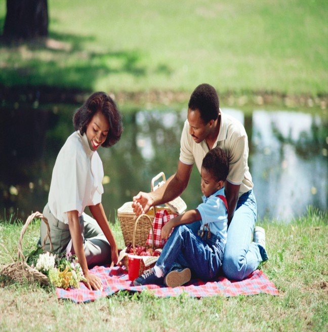 Family picnic at transit hub